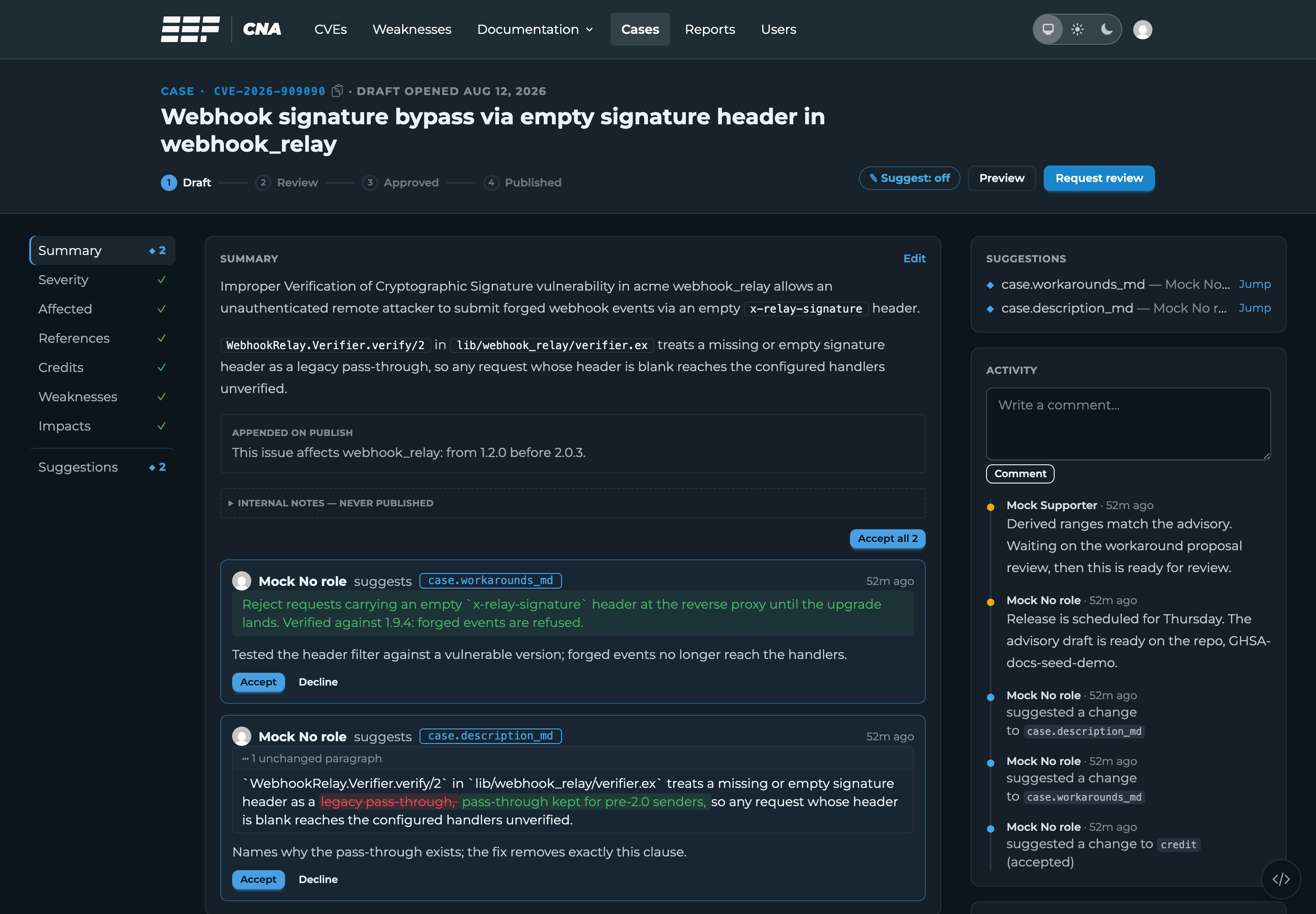 Case workspace: the draft record, two open suggestions, and the activity feed