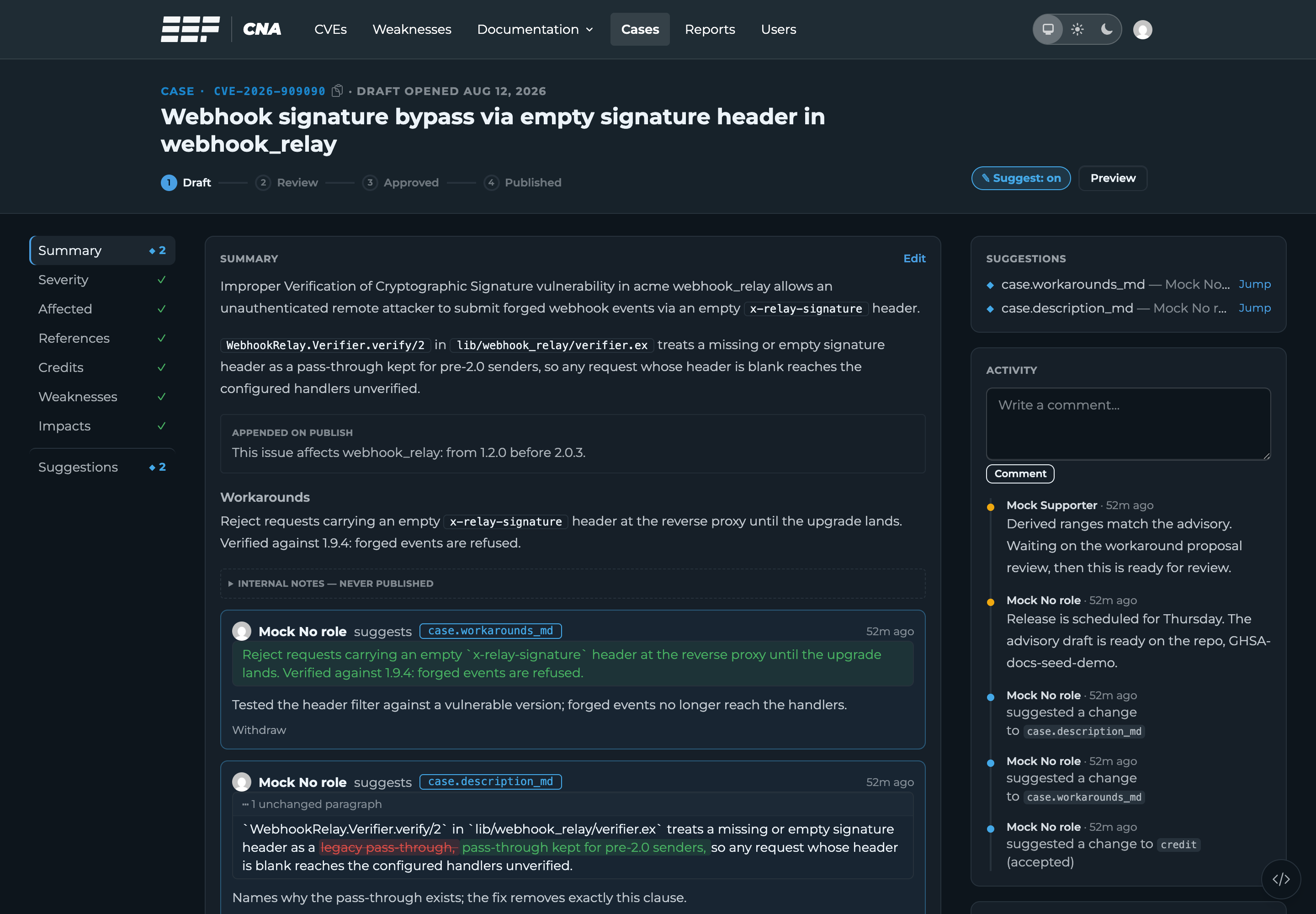 An invited maintainer's view of an in-progress case: the draft record, their own suggestions, and the discussion