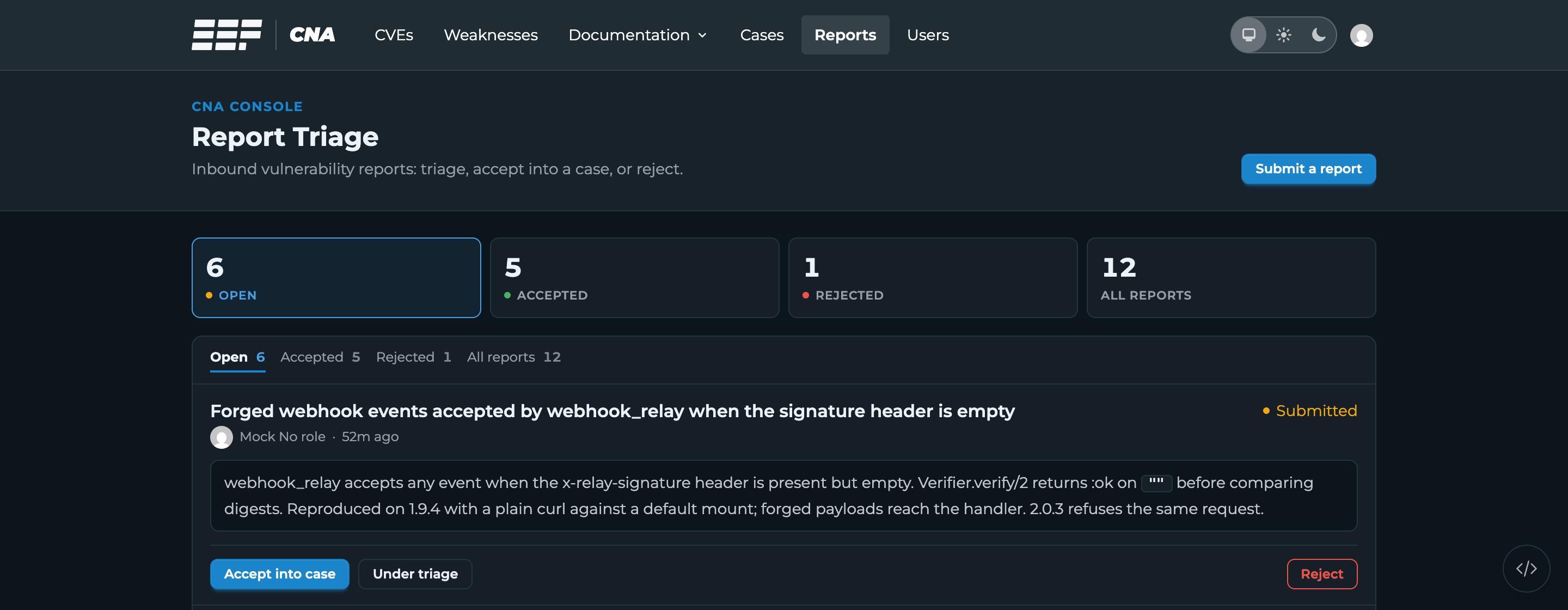 The report triage queue with a submitted report awaiting a decision