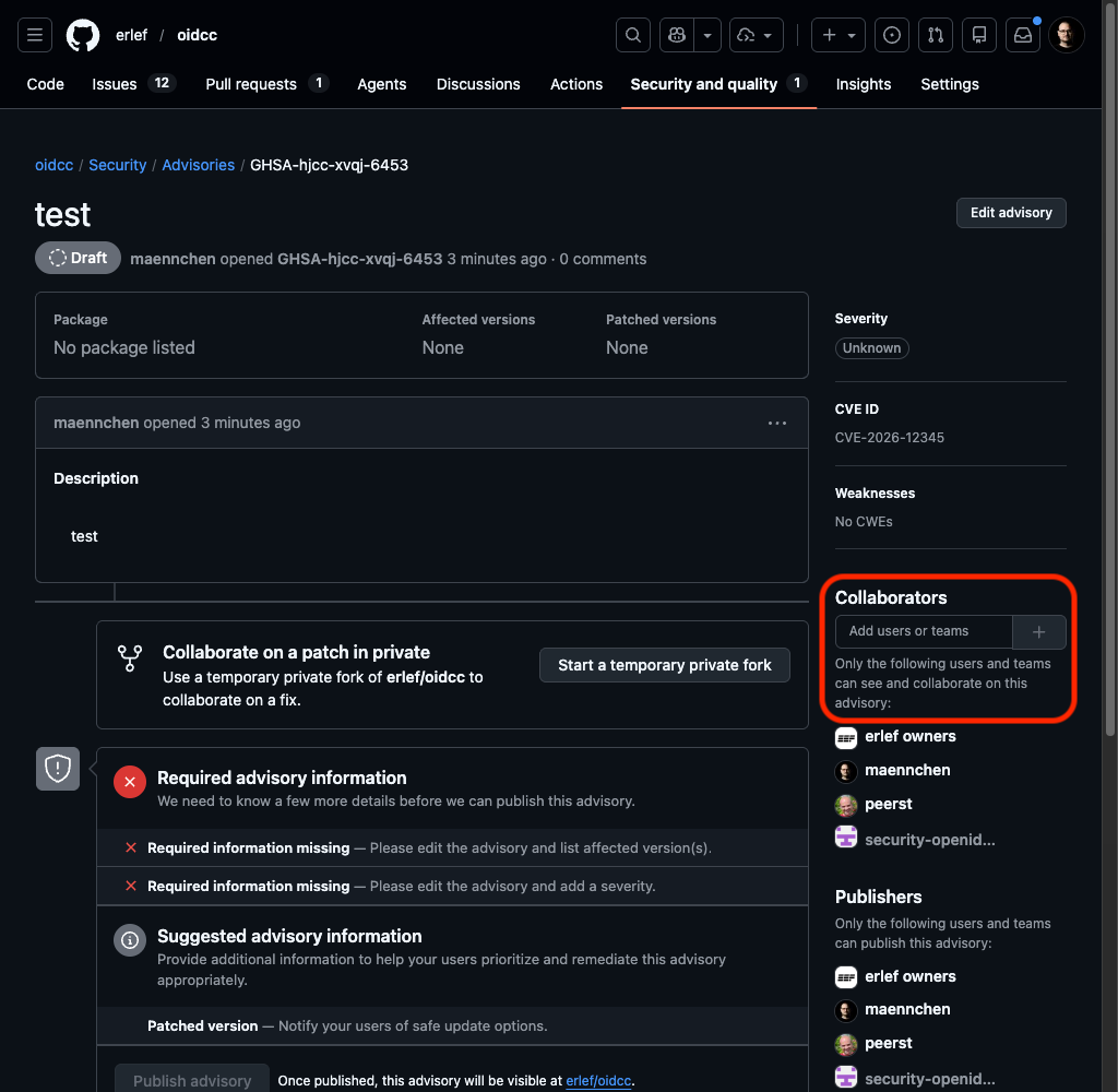 GitHub advisory collaborators section