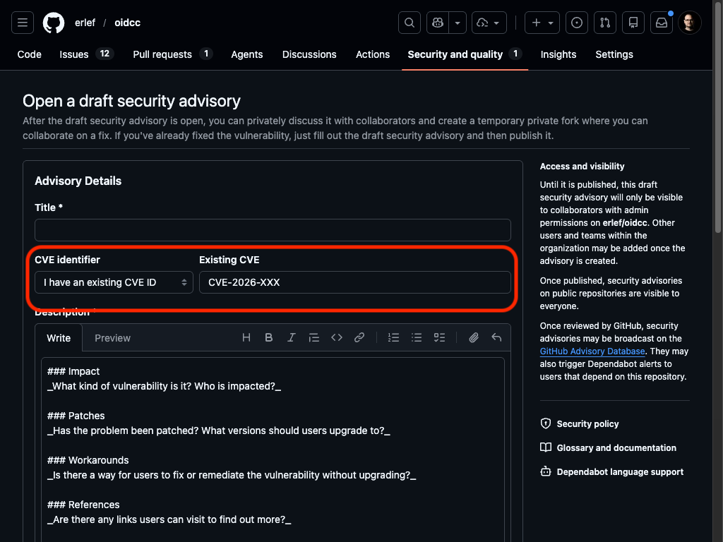 Advisory edit form with I have an existing CVE ID option and input field