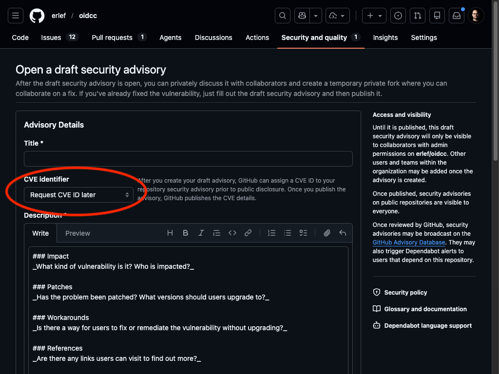 Advisory creation form with Request CVE ID later option selected