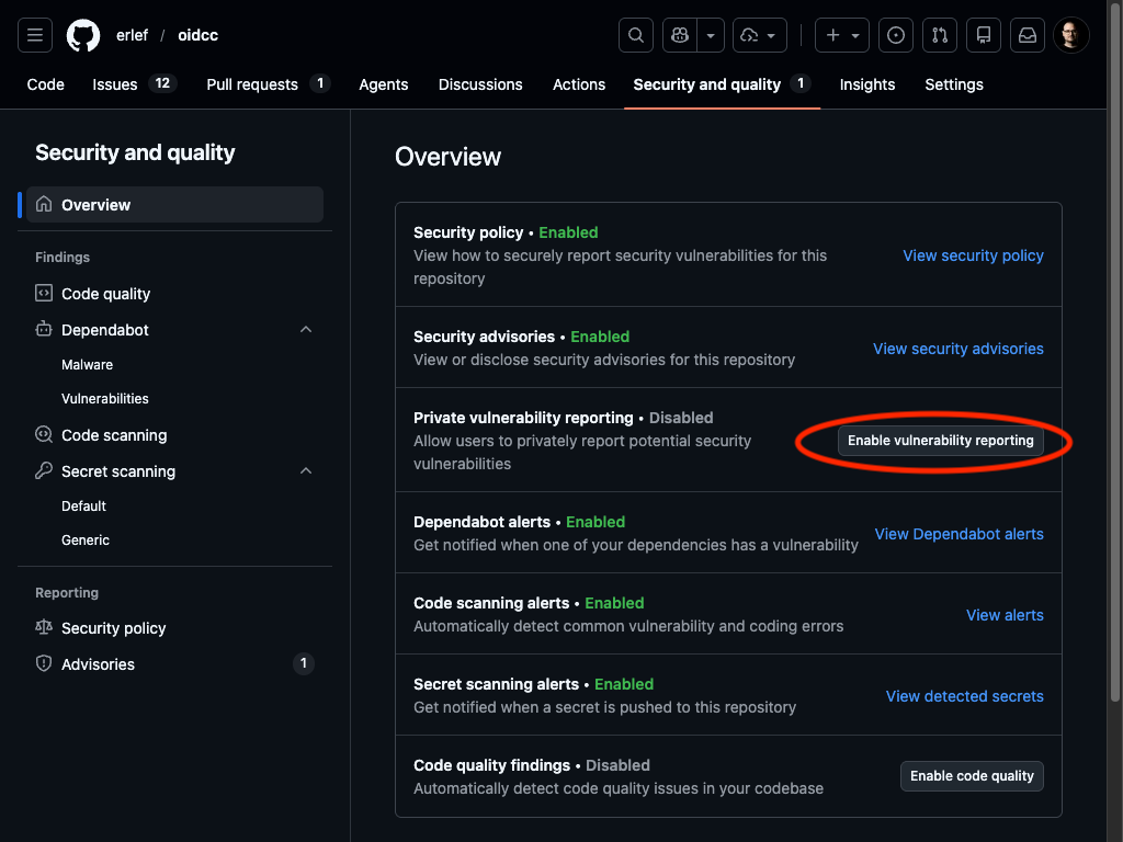 Security and Quality page with Enable vulnerability reporting button highlighted