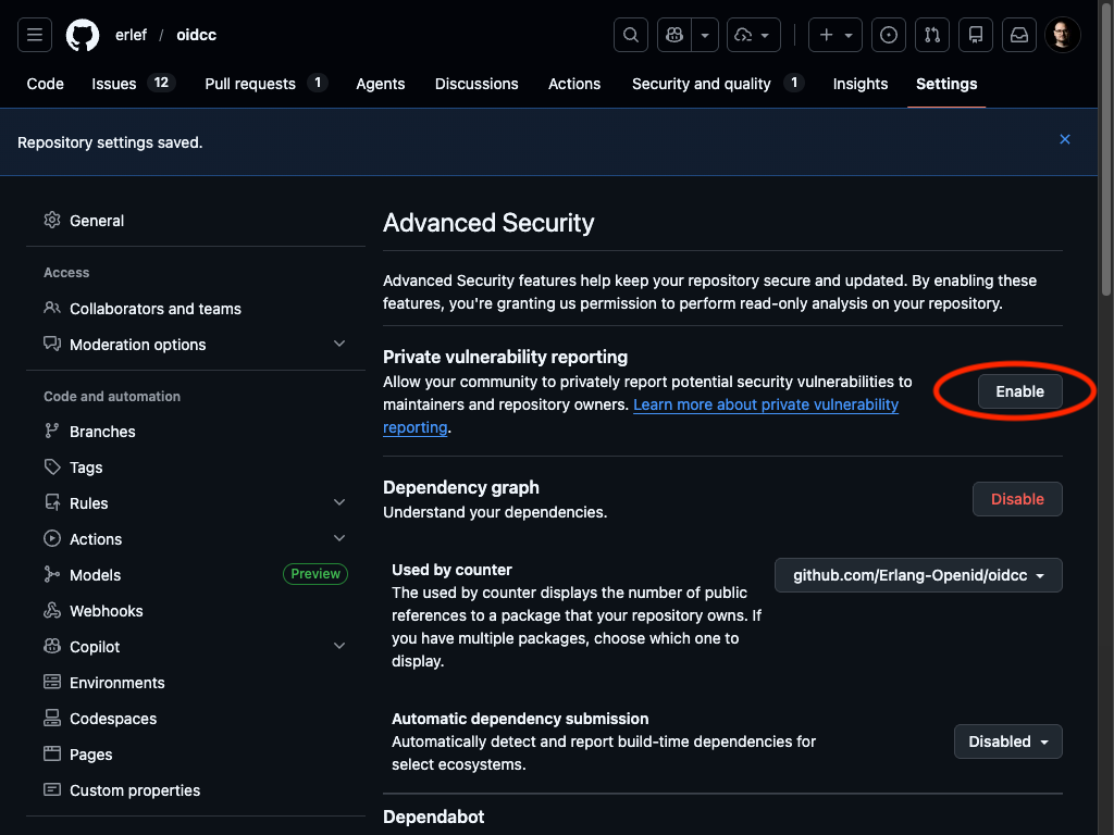 Repository settings with Enable button in Private vulnerability reporting section