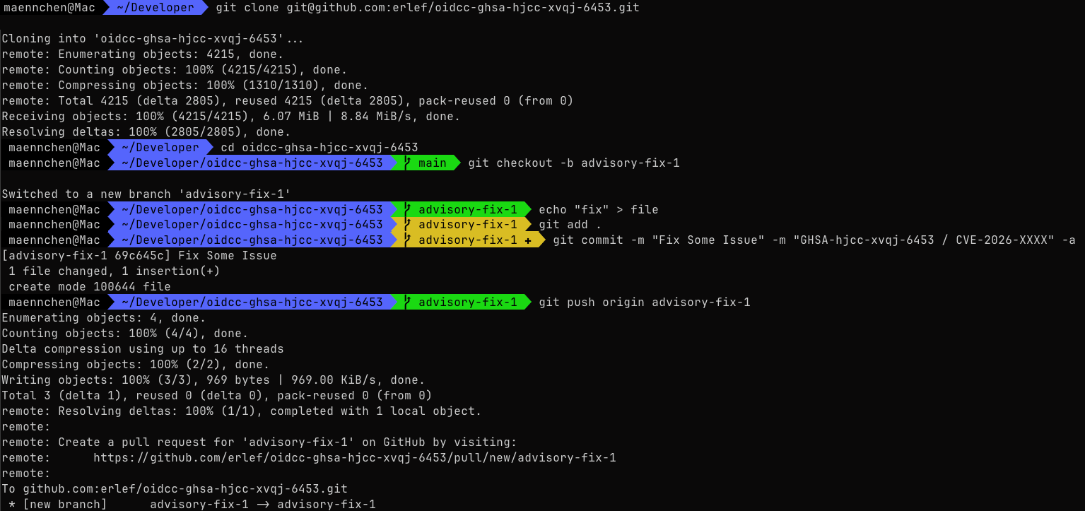 Terminal showing patch commit to private fork
