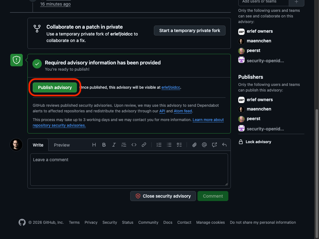 GitHub Security Advisory publish button