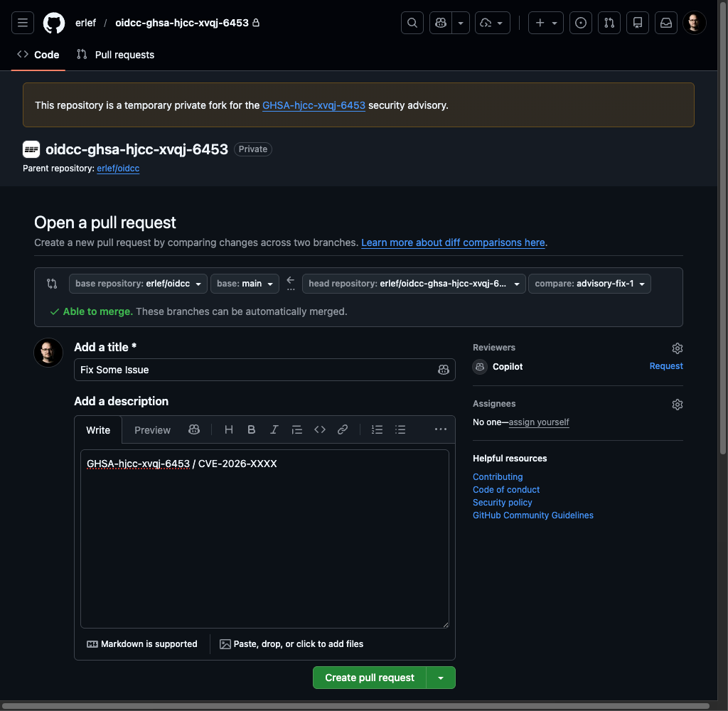 Pull request on temporary private fork