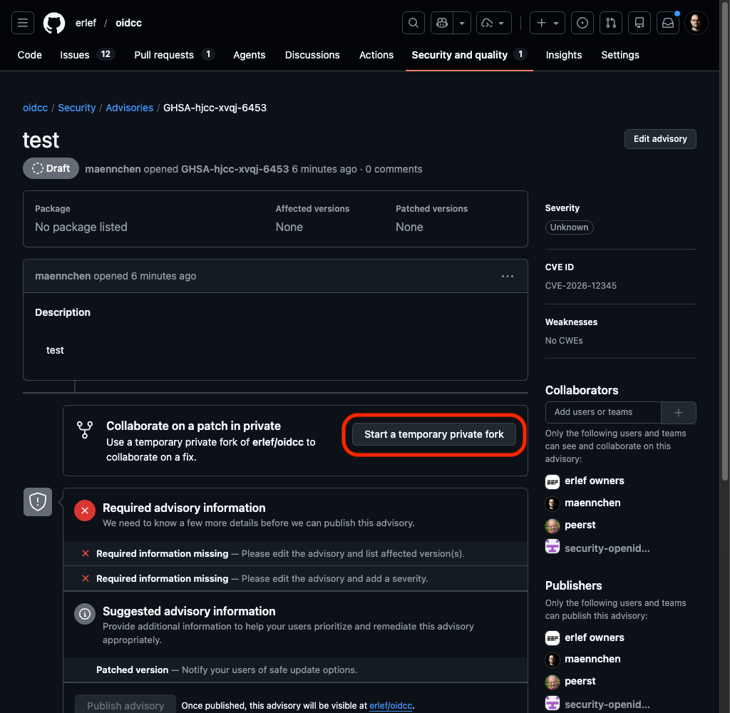 Advisory page with Start a temporary private fork button